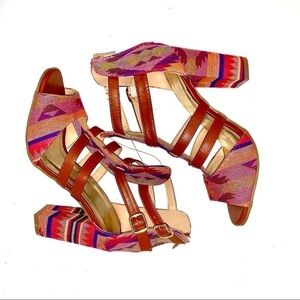 Olivia Miller Aztec Mayan Strappy Chunky Heel Sandals